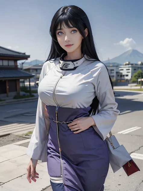 1girl, hyuga hinata in anime naruto, long hair, black hair, ((white eyes:1.4)), smile, beautiful, purple clothes, very big breast, realistic clothes, detail clothes, japanese city background, morning days, blue sky, both hands hold chin ,ultra detail, real...