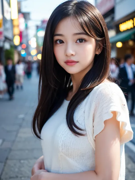 (Best-quality, Masterpiece, Ultra High Resolution, (Photorealistic:1.4), Raw Photo, depth of field, professional lighting), 
1girl, 15-years-old, the most famous Japanese idol, 
standing on The most prosperous street in Japan, looking at viewer, innocent s...