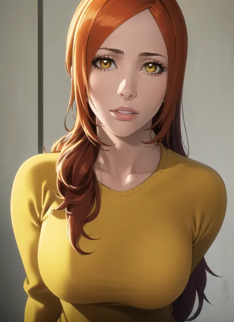 beautiful detailed eyes,beautiful detailed lips,extremely detailed eyes and face,longeyelashes,1girl,orange hair,long hair,sidelocks,looking at viewer,multiple hairpins,yellow eyes,yellow sweater,sweater,decora,bleach style,inoue orihime,solo,(best quality...