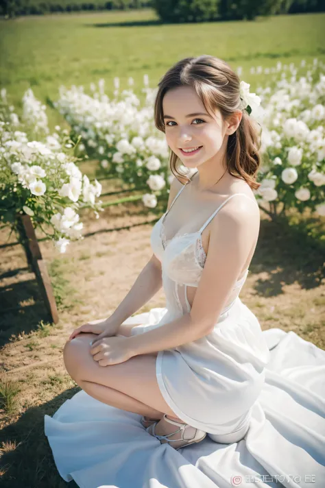 Masterpiece, Best quality, 8k, 18 ans, Photo brute, absurdes, Award-winning portrait, sourire, sourire, pure, french, white dress, spring, petite, orchard in bloom, high-end fashionable laces lingerie, kneeling, photo made from above, happy smile