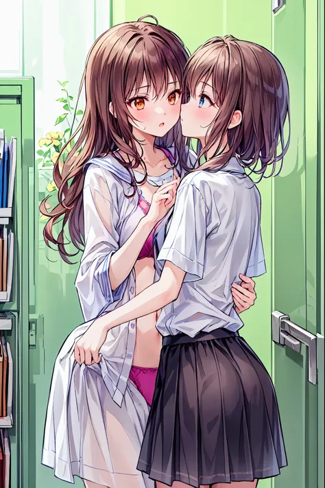 ( best qualityのイラスト:1.2), ( cute girl:1.1), ( 1 girl,  alone:1), ( 2 girls、、、、 small、 cute、 cute、 small胸、  very well detailedな目:1.2)、(Yuri、{{kiss、 hug from behind 、grab、  Eyes Half Closed 、Line of sight:1.sweat、 I was hugged 、:1.1)、 break White Bra、ピンクの is...