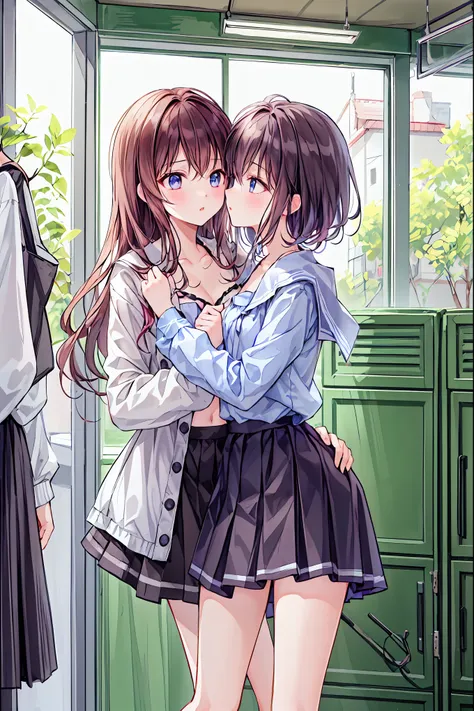 ( best qualityのイラスト:1.2), ( cute girl:1.1), ( 1 girl,  alone:1), ( 2 girls、、、、 small、 cute、 cute、 small胸、  very well detailedな目:1.2)、(Yuri、{{kiss、 hug from behind 、grab、  Eyes Half Closed 、Line of sight:1.sweat、 I was hugged 、:1.1)、 break White Bra、ピンクの is...