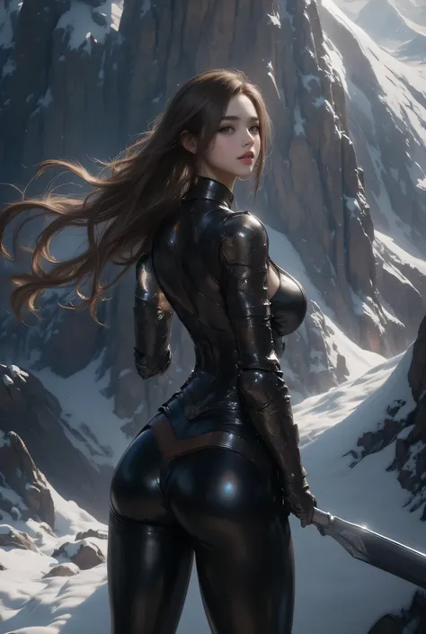 (ultra Realistic) , (illustration), (Enhance resolution), (8k), ( Extremely Detailed), ( detailed face ), Slim Body, in the dark , deep shadow, low profile, pureerosfaceace_v1, Happy smile, Winter, Mountain
