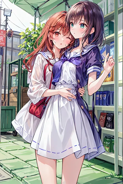 ( best qualityのイラスト:1.2), ( cute girl:1.1), ( 1 girl,  alone:1), ( 2 girls、、、、 small、 cute、 cute、 small胸、  very well detailedな目:1.2)、(Yuri、{{kiss、 hug from behind 、grab、 手は2Books､The legs２Books､Fingers５Books､ Eyes Half Closed 、Line of sight:1.sweat、 I was ...