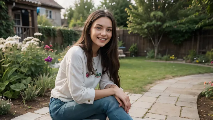  Young woman ,  for about 30 years , with dark long hair , in trendy casual clothes .  She smiles at an old photo ,  in which she is sitting in the garden with Elisabeth's mom.  Her eyes show fun and joy . very good colors 8k ultra HD --ar 16:9 --in 6.0