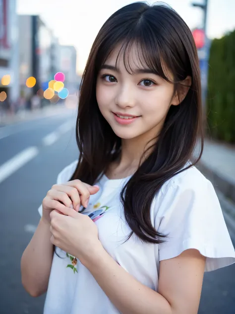 (Best-quality, Masterpiece, Ultra High Resolution, (Photorealistic:1.4), Raw Photo, depth of field, professional lighting), 
1girl, (((15-years-old))), (((most famous Japanese idol))), 
standing on The most prosperous street in Japan, looking at viewer, ((...