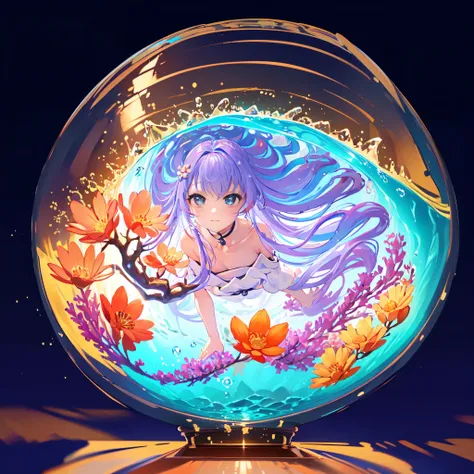  perfect eyes :1.2,  detailed eyes:1.4, ,  smile, sitting, Air bubble, (master part:1.6, best quality), PHGLS, /bottle, in the container, ( finely detailed beautiful eyes: 1.2),  1girl ,  alone,  big breasts,  purple hair,  pink hair, Two-tone hair, underw...