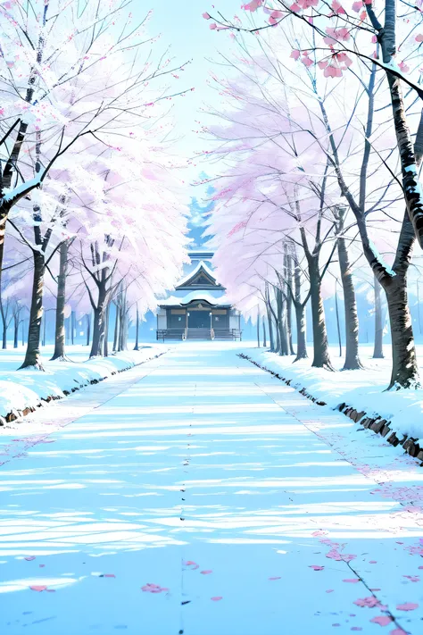 best high quality, Details, photo realistic, cherry blossoms, snow,