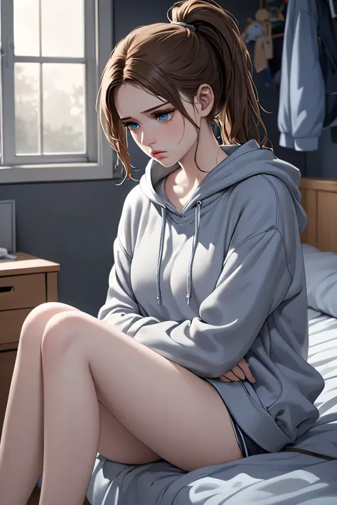 (masterpiece, best quality, 8k, high definition), whole body, young woman, brown hair in a ponytail, mid-chest, soft blue eyes, soft lips, pale skin, beautiful face, wearing a grey hoodie, bare legs, natural light, detailed background, Detailed Illustratio...