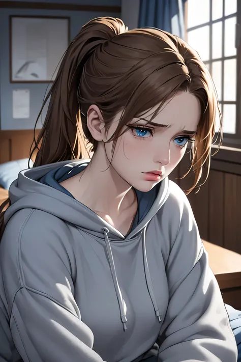 (masterpiece, best quality, 8k, high definition), whole body, young woman, brown hair in a ponytail, mid-chest, soft blue eyes, soft lips, pale skin, beautiful face, wearing a grey hoodie and sweats, natural light, detailed background, Detailed Illustratio...