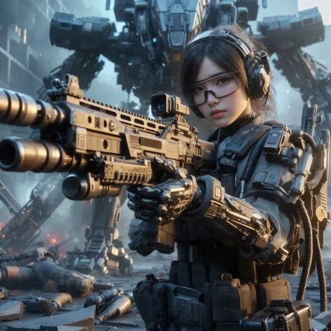  photorealistic, near future, beautiful Japanese woman of the Allied Special Forces standing, with his mouth slightly open 、 jpn mark, futuristic head protector and smart goggles, 現代とは全く違うデザインのfuturistic blaster gun with connected by cable to energy backpa...