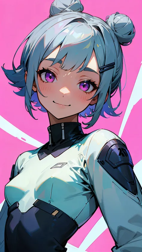 ( best quality、Superb、Genuine)、1 person、 Riders Jacket 、 small breasts、Hair tied into a bun with a silver short bob hair clip、 pink eyes、 gloves、smile、blue sky、 upper body close-up、 sharp outline