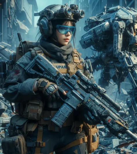  photorealistic, near future, beautiful Japanese woman of the Allied Special Forces standing, with his mouth slightly open 、 jpn mark, futuristic head protector and smart goggles, 現代とは全く違うデザインのfuturistic blaster gun with connected by cable to energy backpa...