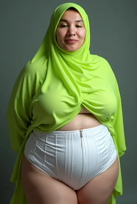 (WHITE HIGH WAIST CORSET UNDERWEAR), Chubby Bursting breasts, I am 69 years old , Wearing gree fluorescent hijab,  Skinny hijab skinny hijab skinny hijab skinny hijab, (photorealistic:1.6) Indonesian hijab skinny dry aunty  ,  both hands lying behind back 