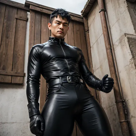 40 years old, One Man,、 black bodysuit、Shocker Belt、 black gloves、 with a pistol on your waist、In front of the gate、Alert 、　logic, , black hair、Short Hair。 very short hair 、 handsome fighter　Kosaka Ikuo　 sit with your legs open 、 Seen From Below。 upper bod...