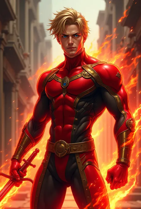 “Full-body. A red flame-powered 25-year-old French white male Hero in a red and black skin-tight, fire outfit with dark gold metal details. Flowing streams of red holographic energy surround him. Short, wavy, messy, blonde hair. Beautiful blue eyes. Beauti...