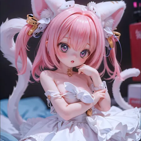                  serval catgirl cat ears and tail                            , chubby and              cute ,                  cute  ,                    white micro material   , 4K,                         crimson hair was shot realistically with super sm...