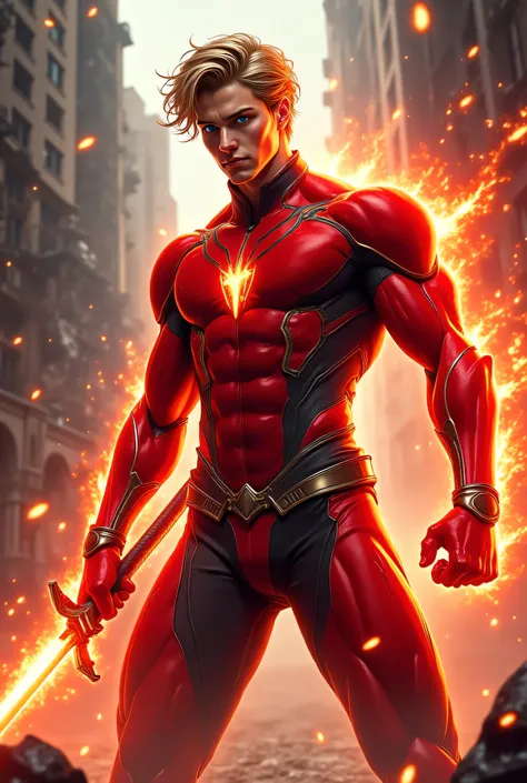 “Fighting action scene. A red flame-powered 25-year-old French white male Hero in a red and black skin-tight, fire outfit with dark gold metal details. Flowing streams of red holographic energy surround him. Short, wavy, messy, blonde hair. Beautiful blue ...