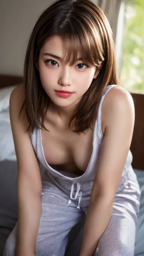 (  pajamas : 1.2)、(  positioned so that the face is in the center of the image : 1.4), (  Focus Face  : 1.3), (Delicate real hair    ,   Realistic black hair), bangs, smile, ( Bedroom Background), (    18 year old woman : 1. 2),    young and adorable Japan...