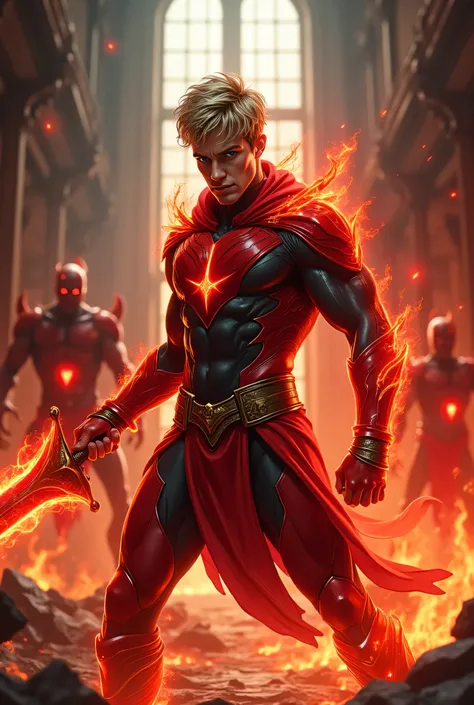 “Fighting action scene. A red flame-powered 25-year-old French white male Hero in a red and black skin-tight, fire outfit with dark gold metal details. Flowing streams of red holographic energy surround him. Short, wavy, messy, blonde hair. Beautiful blue ...