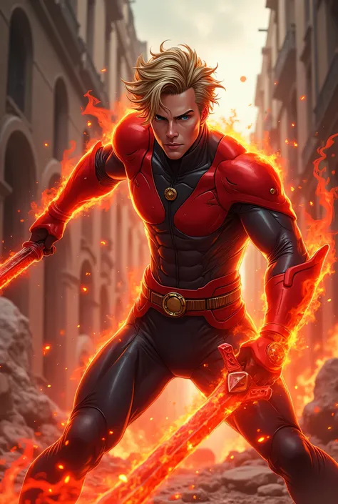 “Fighting action scene. A red flame-powered 25-year-old French white male Hero in a red and black skin-tight, fire outfit with dark gold metal details. Flowing streams of red holographic energy surround him. Short, wavy, messy, blonde hair. Beautiful blue ...