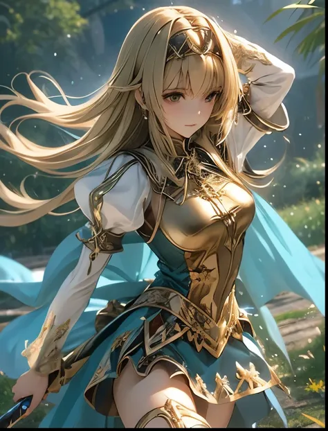 (((SFW、Accuracy、Highest quality、 A first-class masterpiece 、 Normal body 、32K、 detailed face 、 super precise、 Real Color 、5 fingers、Highest、3d)))Alisha、『Valkyrie Profile 2』、Golden Hair 、 long hair、 short、Big Breasts、 slender、 slim、Navel exposed、ribbon ...