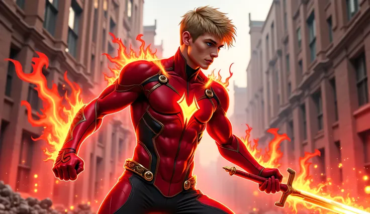 “Fighting action scene. A red flame-powered 25-year-old French white male Hero in a red and black skin-tight, fire outfit with dark gold metal details. Flowing streams of red holographic energy surround him. Short, wavy, messy, blonde hair. Beautiful blue ...