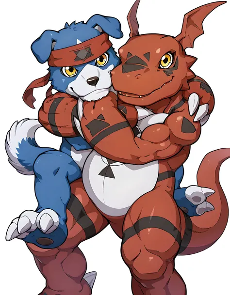 guilmon, gaomon, digimon (creature), dog boy, blue body, furry, dog, dog tail, blue fur, yellow eyes, headband, bare hands, high quality, male, two characters, white background, no background, guilmon is bigger, choke hold, chokehold, guilmon has gaomon in...