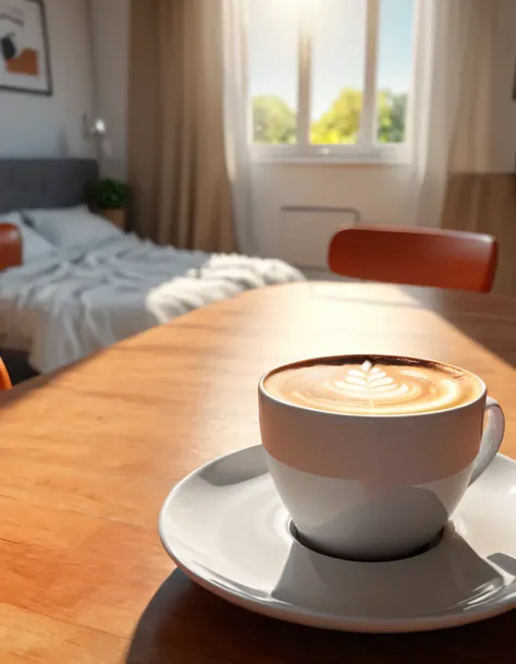  beautiful sunny day lifelike and very realistic with a coffee on a modern table, Focus on a fresh coffee at the table , motivating,  beautiful photography , 8k, very textured,  very detailed, (  rolled up , 4K, 8k,  highres),   ultra detailed ,  studio li...