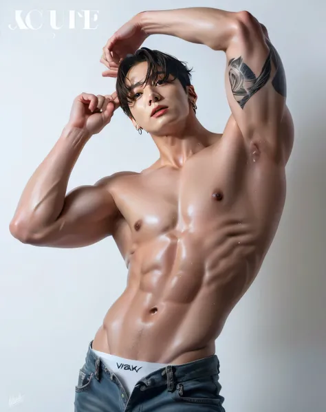 Jeon Jungkook, BTS Jungkook, Muscular body, clean face, Beautiful, shiny skin, hyperrealism, 8k ultra HD, hyper resolution, korean boy, Marked features, angry and serious expression, Firm cheeks, slim face, Wavy hair, long hair, thin face with marked featu...