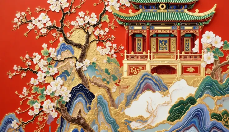 High Saturation, bright color 。Cloisonne, red walls and green tiles 。A Chinese embroidery scroll, the whole scroll embroidered gold thread and sky blue thread, there are flowers, mountains, water, buildings, 3D embroidery technology, blue and white porcela...