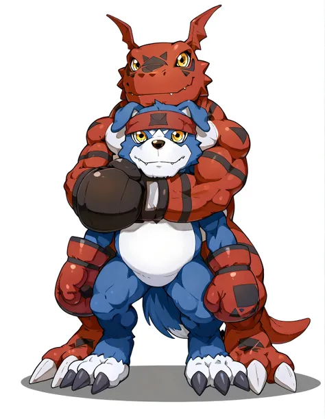 guilmon and gaomon, guilmon, gaomon, digimon (creature), dog boy, blue body, furry, dog, dog tail, blue fur, yellow eyes, headband, boxing gloves, high quality, male, two characters, white background, no background, guilmon is taller, choke hold, chokehold...
