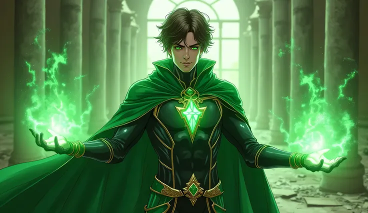 “Full Body. A Green Magic-powered 25-year-old Caucasian White male Mage in a green and black skin-tight muscle-defining outfit with gold metal and green metal details. Green and black cloak with gold metal details. Creating green magic spheres around his h...