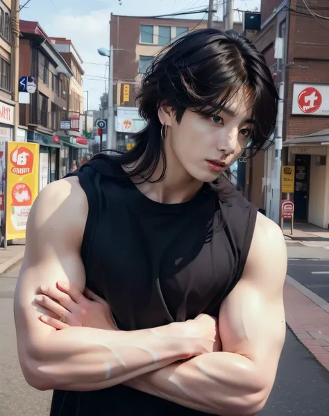 Jeon Jungkook, BTS Jungkook, Muscular body, clean face, Beautiful, shiny skin, hyperrealism, 8k ultra HD, hyper resolution, korean boy, Marked features, angry and serious expression, Firm cheeks, slim face, Wavy hair, long hair, thin face with marked featu...