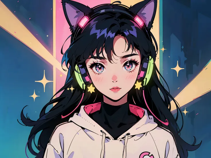 hater, sheya, obj shep, my nameisyoon, 1girl, multicolored hair, long hair, multicolored eyes, glowing kitty headphones, striped oversized hoodie dress, abstract background, neon stars, sparkles, posing, colored eyelashes, pastel colors theme