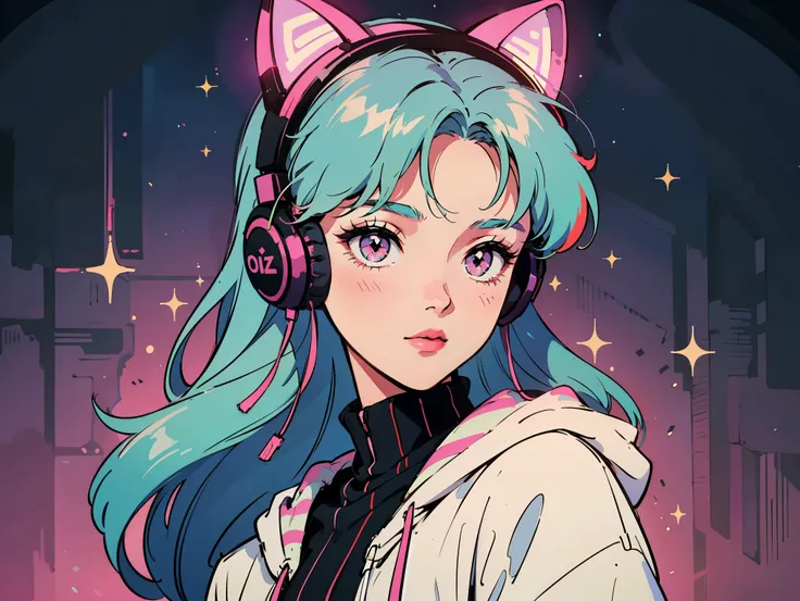 hater, sheya, obj shep, my nameisyoon, 1girl, multicolored hair, long hair, multicolored eyes, glowing kitty headphones, striped oversized hoodie dress, abstract background, neon stars, sparkles, posing, colored eyelashes, pastel colors theme