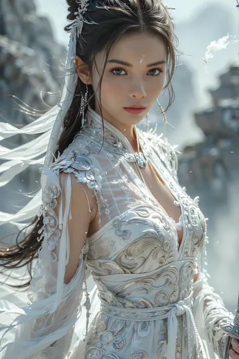 (masterpiece, RAW, 32K, UHD, hyper realistic, best quality), swordswoman,1girl (Beautiful face, supermodel) ,seductive smile, black hair ,blue sky, blurry, brown eyes ,closed mouth ,cloud ,day ,eyelashes ,grey eyes, holding sword, lips ,long hair, looking ...