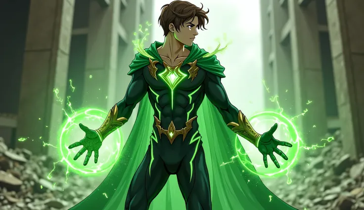 “Full Body, side profile. A Green Magic-powered 25-year-old Caucasian White male Hero in a green and black skin-tight muscle-defining outfit with gold metal and green metal details. Green and black cloak with gold metal details. Creating green magic sphere...