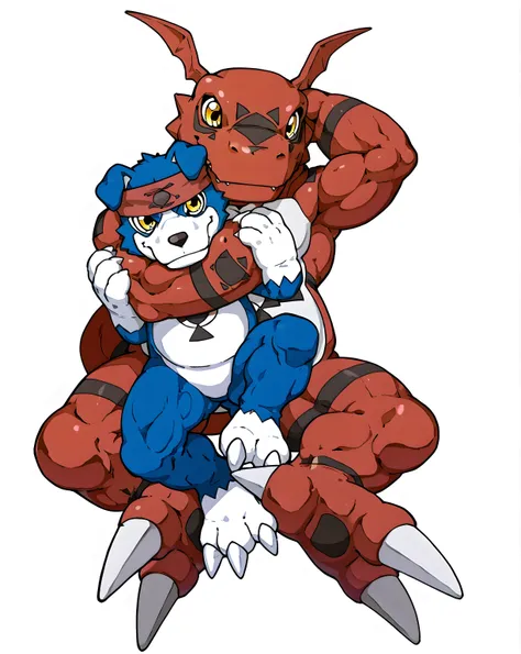 bare hands, guilmon, gaomon, digimon (creature), dog boy, blue body, furry, dog, dog tail, blue fur, yellow eyes, gaomon has headband, high quality, male, two characters, white background, no background, guilmon is bigger, choke hold, chokehold, guilmon ha...