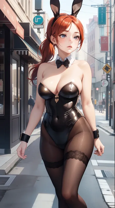 1girl, natural lighting, masterpiece, highly detailed, illustration, game CG, absurdres, high quality, redhead, beautiful detailed eyes, freckles, glossy lips, blush, ponytail, full body, street corner, bunny ears, detached collar, strapless leotard, panty...