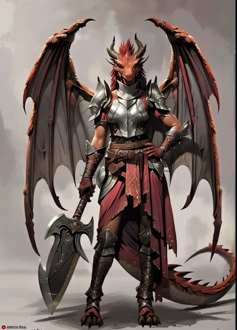 red dragonborn, solo, red eyes, female, holding, jewelry, standing, tail, full body, weapon, female focus, wings, horns, belt, grey background, holding weapon, armor, hand on hip, colored skin, shoulder armor, gauntlets, claws, pelvic curtain, colored scle...