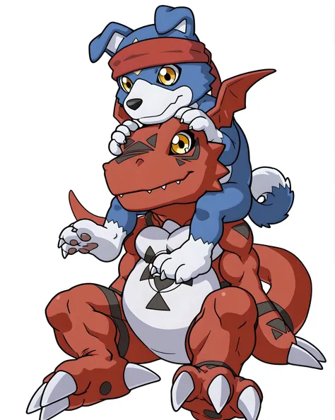 bare hands, guilmon, gaomon, digimon (creature), dog boy, blue body, furry, dog, dog tail, blue fur, yellow eyes, gaomon has headband, high quality, male, two characters, white background, no background, guilmon is bigger, gaomon sitting on guilmon's shoul...