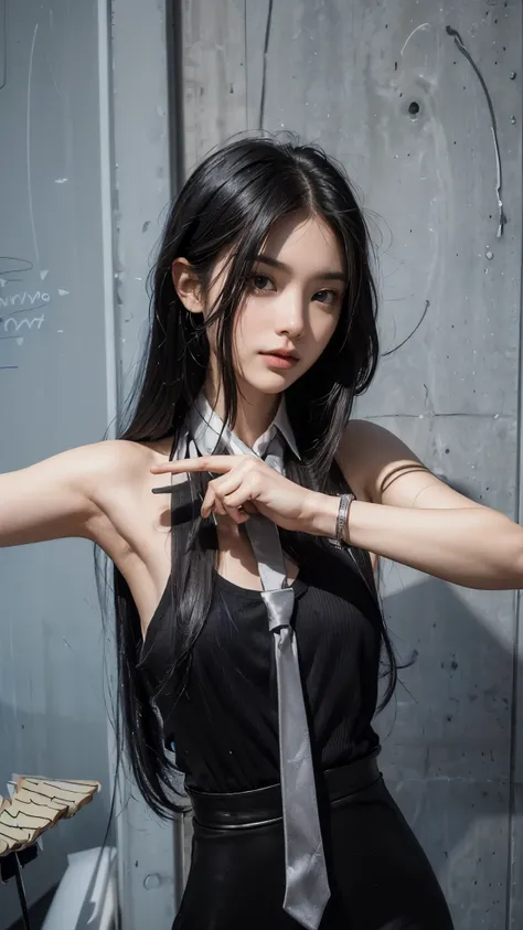   Highest& Masterpiece,Ultra HD 4K,((Brainstorming Photo:1.8)),(( Beautiful Black Hair Straight Hair :)),Adult Girl , Black Velour Material Sleeveless with Silver Tie,,Silva Watch , bracelet,Pose with arms open left and right and fingers of both hands unde...