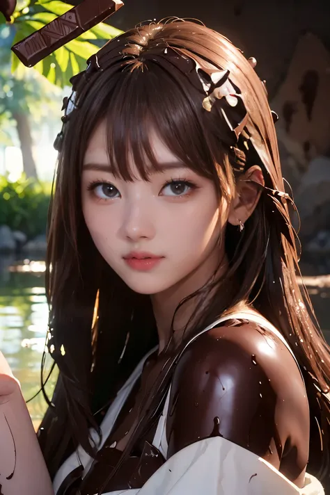 (upper body : 1.5), (Soak in chocolate : 1.5), (Chocolate Lake : 1.4), (chocolate, chocolate on body : 1.4), ( covered in chocolate : 1.5)、bangs, smile, Young and Adorable Japanese Faces , Official Art, high image quality CG Unity 8k wallpaper,Ultra ...