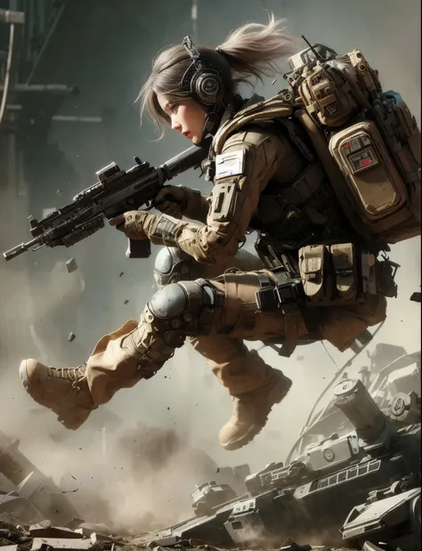  Realistic Near Future 、 realistic expression、Standing in the dust 、 Beautiful Japanese Women in Allied Special Forces 、JPN Mark 、 Damage Battle Suit 、Futuristic headgear、 pack-type energy bag and blaster gun connected by a single cable、 blaster gun is a f...