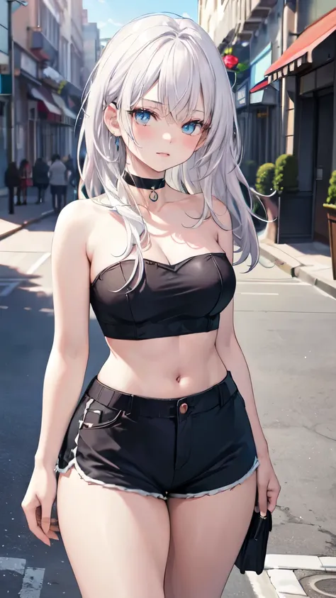 realistic image, detailed image, coherent image, 1 girl, white hair, curvy body, medium breasts and thick thighs, Focus soft, cowboy shot, Dramatic shadows, Volumetric lighting, natural lighting, Alisa Mikhailovna Kujou, street corner, standing, choker, st...