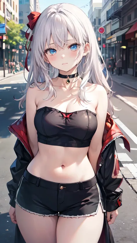 realistic image, detailed image, coherent image, 1 girl, white hair, curvy body, medium breasts and thick thighs, Focus soft, cowboy shot, Dramatic shadows, Volumetric lighting, natural lighting, Alisa Mikhailovna Kujou, street corner, standing, choker, st...