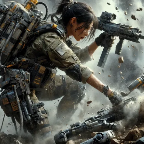  Realistic Near Future 、 realistic expression、Standing in the dust 、 Beautiful Japanese Women in Allied Special Forces 、JPN Mark 、 Damage Battle Suit 、Futuristic headgear、 pack-type energy bag and blaster gun connected by a single cable、 blaster gun is a f...