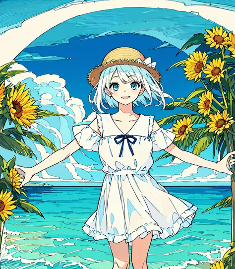  best quality,  1 girl、 Horizontal Line、sea、sunset、 wearing a straw hat、 sandy beaches、 light blue short hair、Older sister、 white dress、smile