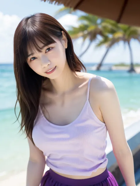   Supreme Masterpiece 、  best quality ,  super high resolution、Wore a tight white ribbed tank top and a lavender-colored flared skirt１A beautiful Japanese girl is standing on the edge of the waves、 big breasts、 I can see a little cleavage 、 summer beach、 H...